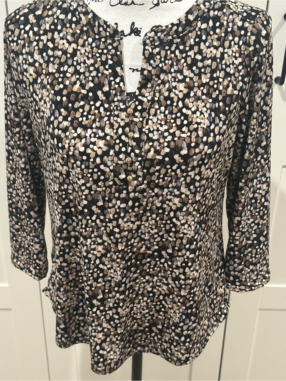 Dana Buchman Black, Brown and Cream Printed Henley Blouse